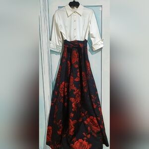Eliza J Elegant Navy Blue and Ruby Red Floral Dress